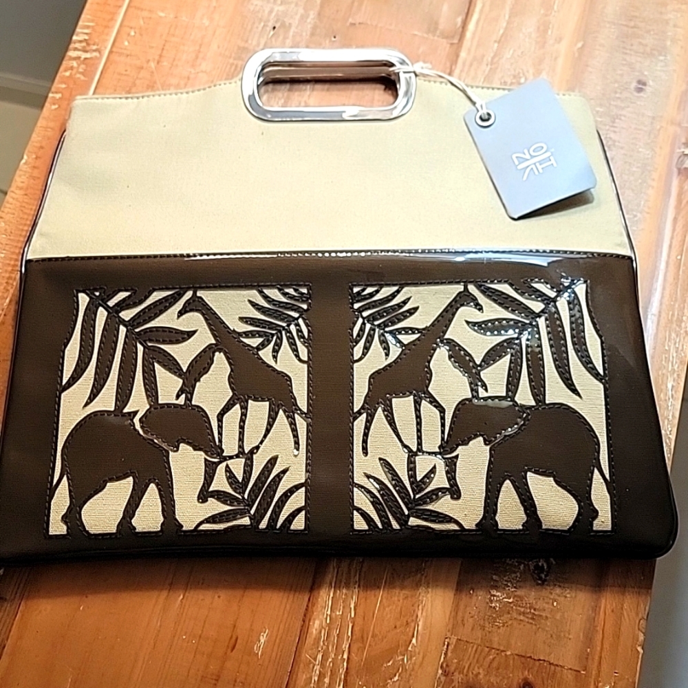 NWT NO|AH Tan Canvas & Brown PVC Safari Print - Hand Tote or Folded C…
